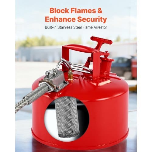 Safety Gas Can, 2.5 Gallon Type II Red Safety Can for Gasoline with Stainless Steel Flame Arrester, Self-Closing Lid & Flexible Metal Spout, Carbon Steel Flammable Storage with Ergonomic Handle