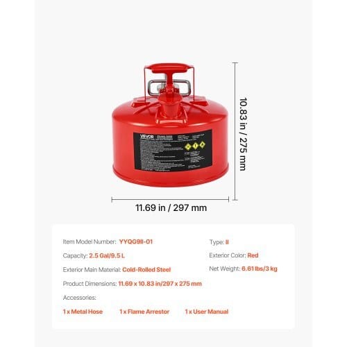 Safety Gas Can, 2.5 Gallon Type II Red Safety Can for Gasoline with Stainless Steel Flame Arrester, Self-Closing Lid & Flexible Metal Spout, Carbon Steel Flammable Storage with Ergonomic Handle