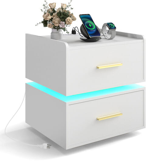 Nightstand with Charging Station LED Bedside Table with 2 Storage Drawers-White - Color: White