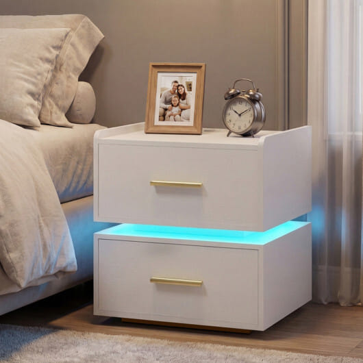 Nightstand with Charging Station LED Bedside Table with 2 Storage Drawers-White - Color: White