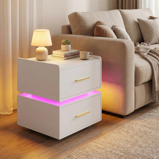 Nightstand with Charging Station LED Bedside Table with 2 Storage Drawers-White - Color: White