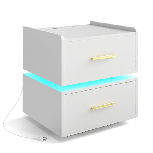 Nightstand with Charging Station LED Bedside Table with 2 Storage Drawers-White - Color: White