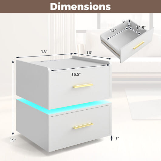 Nightstand with Charging Station LED Bedside Table with 2 Storage Drawers-White - Color: White
