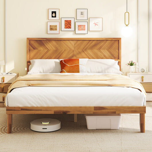 Twin/Full/Queen Size Bed Frame with Headboard and Storage Space-Queen Size - Color: Natural - Size: Queen Size