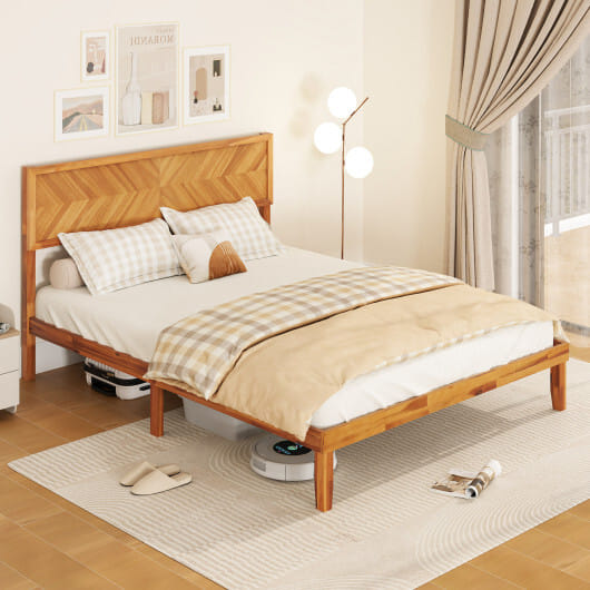 Twin/Full/Queen Size Bed Frame with Headboard and Storage Space-Queen Size - Color: Natural - Size: Queen Size