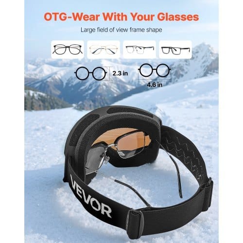 Ski Goggles, Cylindrical Lens with Ice Blue Revo Coating, OTG Anti fog Snow Goggles for Men Women Youth, TPU Frame & Ventilation Structure, Suitable for Skiing, Skating, Snowboarding, Cycling