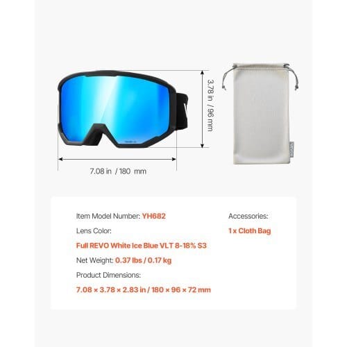 Ski Goggles, Cylindrical Lens with Ice Blue Revo Coating, OTG Anti fog Snow Goggles for Men Women Youth, TPU Frame & Ventilation Structure, Suitable for Skiing, Skating, Snowboarding, Cycling
