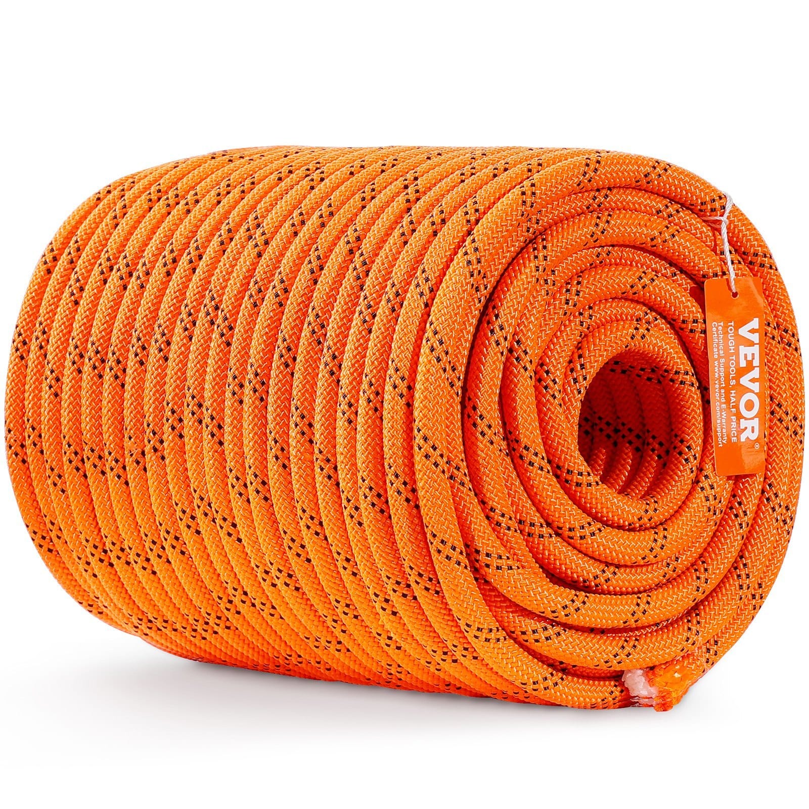 Dual-Weave Polyester Cord, 1/2 inch x 220 feet, 48-Strand, 8000 LBS Tensile Strength, Multi-Use Outdoor Rope for Camping, Swinging, Rappelling, and Rescue, Orange/Black