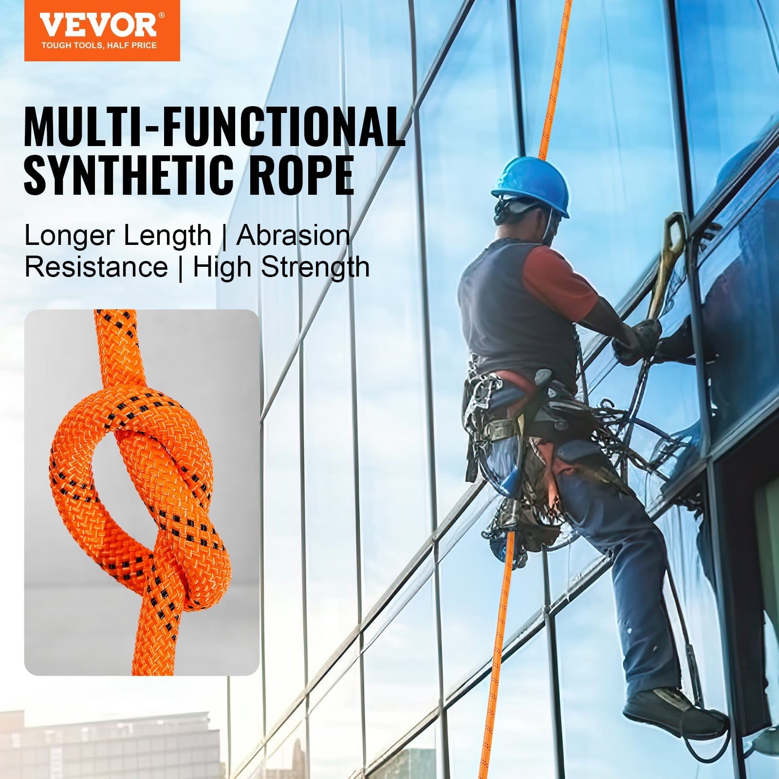 Dual-Weave Polyester Cord, 1/2 inch x 220 feet, 48-Strand, 8000 LBS Tensile Strength, Multi-Use Outdoor Rope for Camping, Swinging, Rappelling, and Rescue, Orange/Black