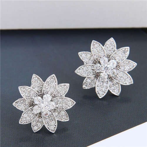 Cubic Zirconia Delicate Shining Flower Design Korean Fashion Women Copper Earrings - Silver