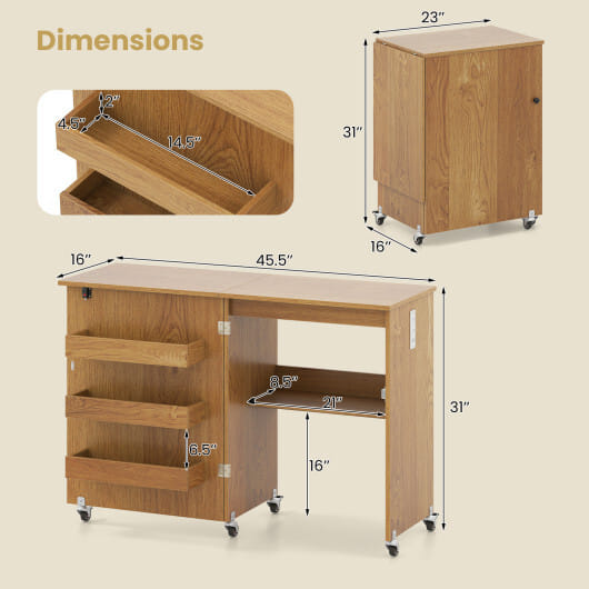 Costway Sewing Machine Table with Charging Station and Lockable Casters-Natural