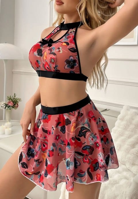 Floral Print Contrast Mesh Lingerie Set