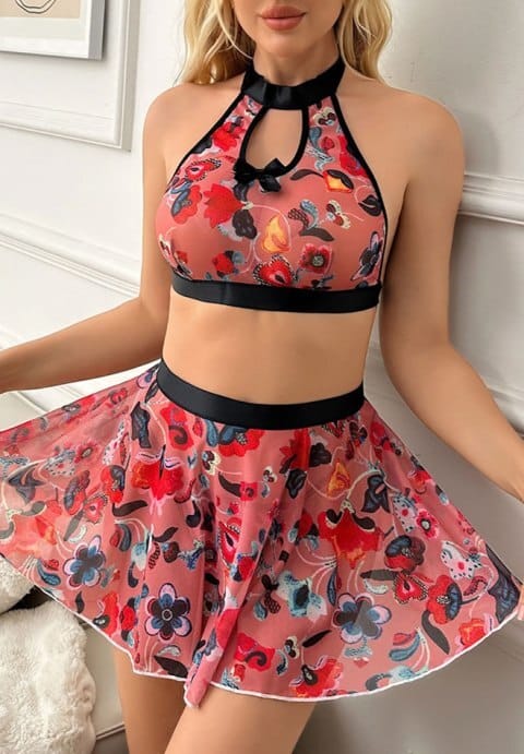 Floral Print Contrast Mesh Lingerie Set