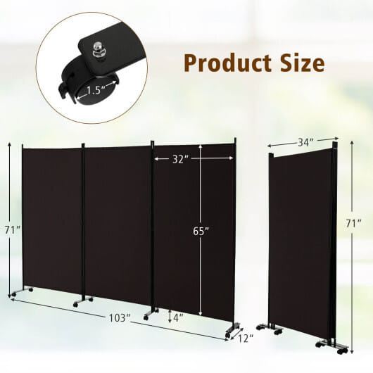 Costway 3-Panel Folding Room Divider 6Ft Rolling Privacy Screen with Lockable Wheels Brown