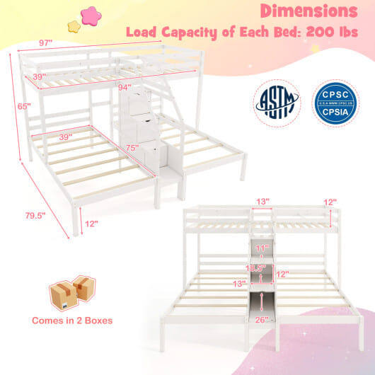 Twin Over Twin and Twin Bunk Bed with Storage Staircase and Guardrail for 3 Kids Teens-White