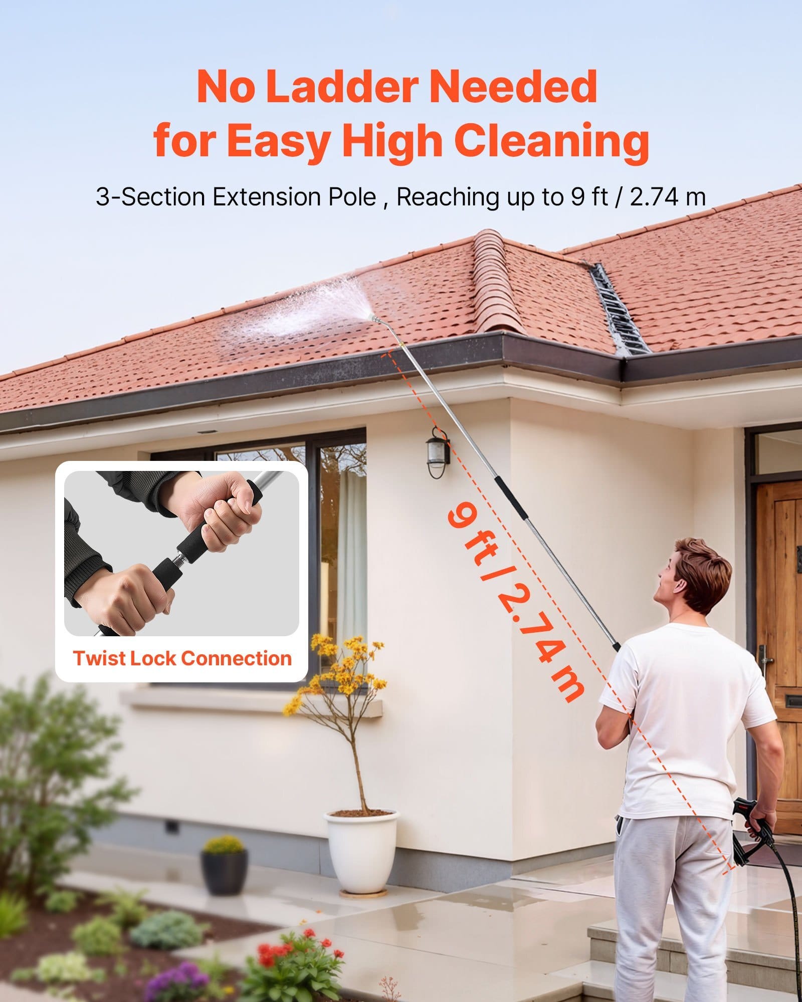 9 FT Pressure Washer Telescoping Wand, 3-Section with Power Washer Extension Wands, 7 Nozzles, Hose Adapter, Support Belt, Storage Bag, 4000 PSI Telescopic Gutter Cleaner for High Cleaning