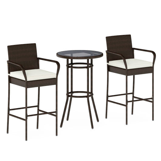 Patio Rattan Bar Height Table and Chairs with 2 Seat Cushions for Porch-White - Color: White