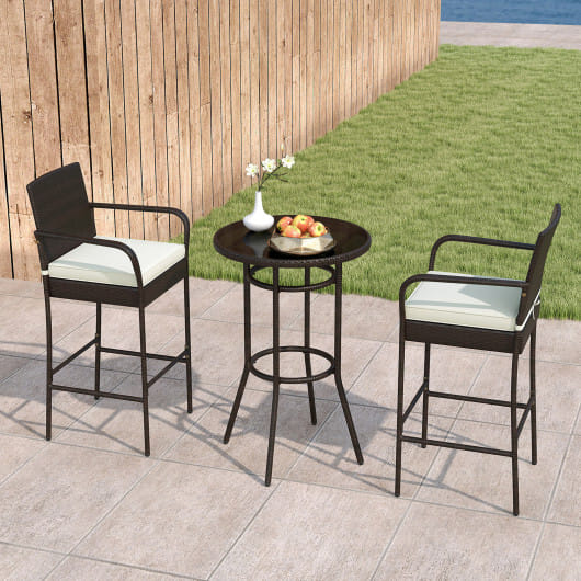 Patio Rattan Bar Height Table and Chairs with 2 Seat Cushions for Porch-White - Color: White