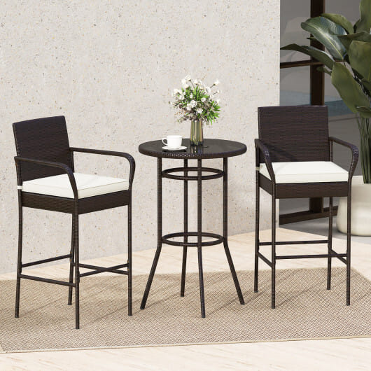 Patio Rattan Bar Height Table and Chairs with 2 Seat Cushions for Porch-White - Color: White