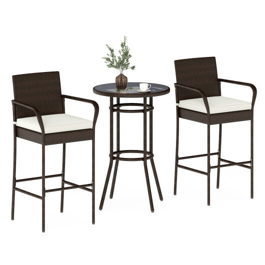 Patio Rattan Bar Height Table and Chairs with 2 Seat Cushions for Porch-White - Color: White