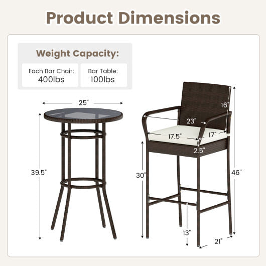 Patio Rattan Bar Height Table and Chairs with 2 Seat Cushions for Porch-White - Color: White
