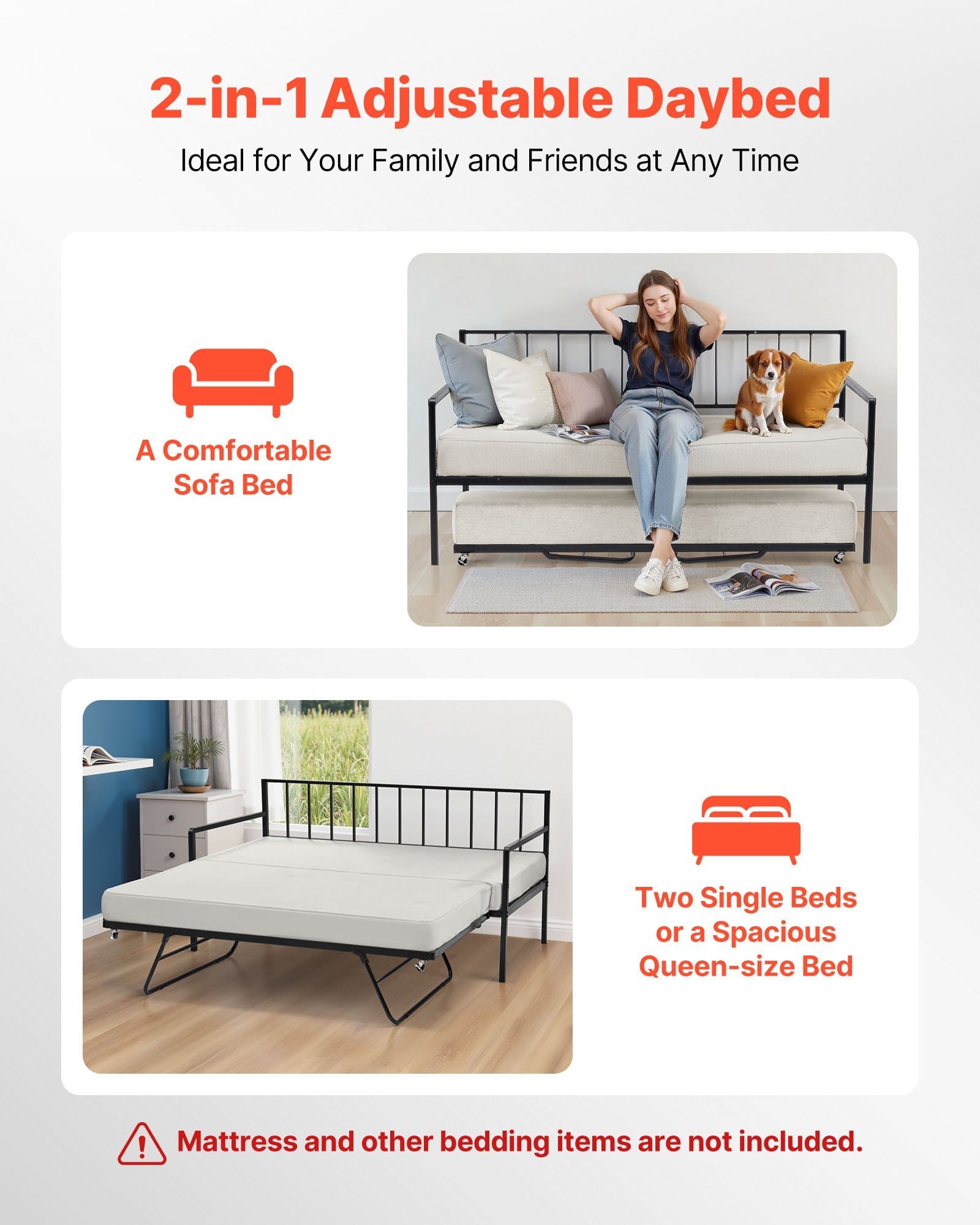 Twin Size Daybed Frame, Height Adjustable Day Bed with Trundle, Heavy Duty Metal Platform Bed Frame with LED Light and Charging Station, Twin Daybed with Metal Slats for Living Room, Bedroom