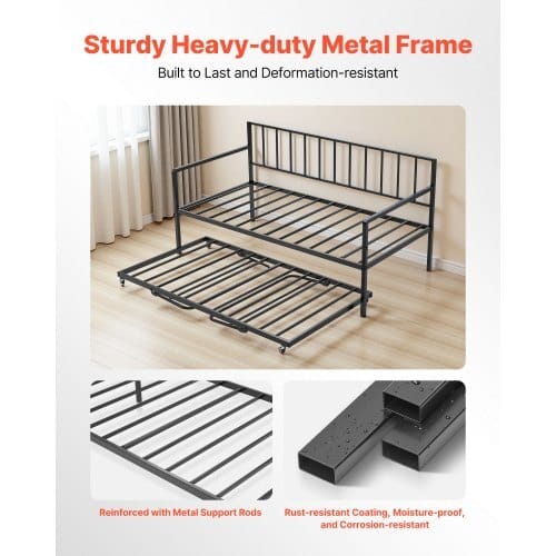 Twin Size Daybed Frame, Height Adjustable Day Bed with Trundle, Heavy Duty Metal Platform Bed Frame with LED Light and Charging Station, Twin Daybed with Metal Slats for Living Room, Bedroom