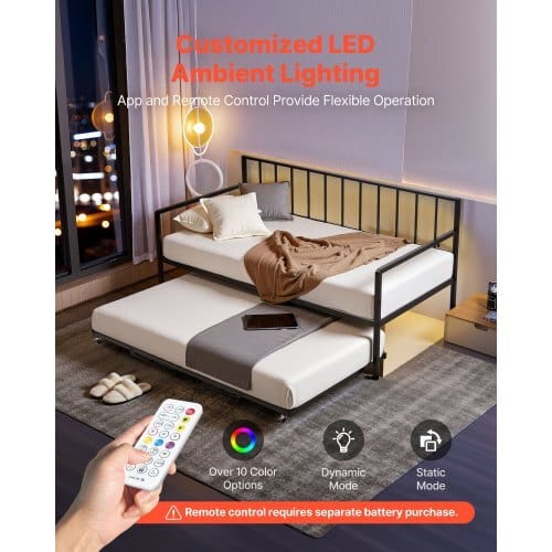 Twin Size Daybed Frame, Height Adjustable Day Bed with Trundle, Heavy Duty Metal Platform Bed Frame with LED Light and Charging Station, Twin Daybed with Metal Slats for Living Room, Bedroom