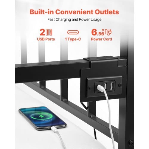 Twin Size Daybed Frame, Height Adjustable Day Bed with Trundle, Heavy Duty Metal Platform Bed Frame with LED Light and Charging Station, Twin Daybed with Metal Slats for Living Room, Bedroom