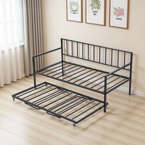 Twin Size Daybed Frame, Height Adjustable Day Bed with Trundle, Heavy Duty Metal Platform Bed Frame with LED Light and Charging Station, Twin Daybed with Metal Slats for Living Room, Bedroom
