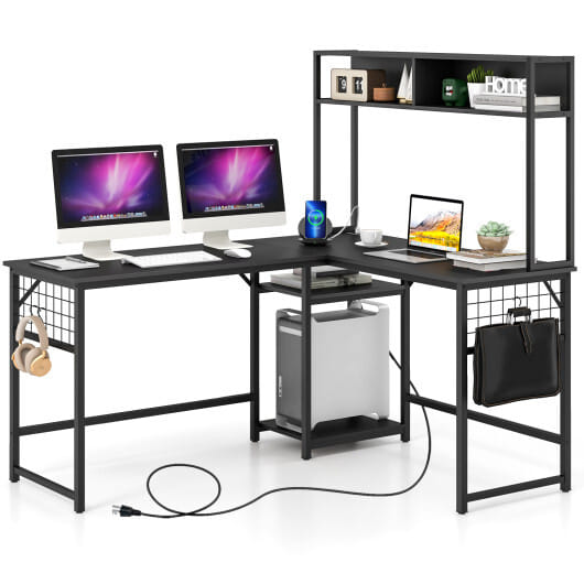 L-shaped Desk with Power Outlet Hutch-Black - Color: Black