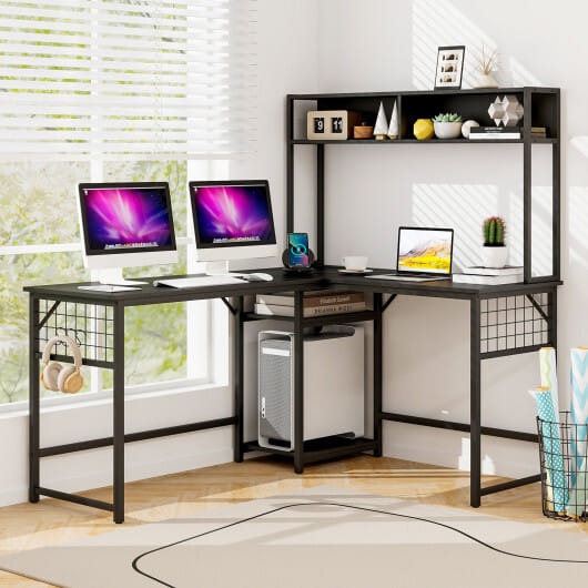 L-shaped Desk with Power Outlet Hutch-Black - Color: Black
