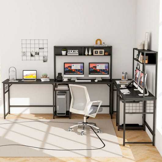 L-shaped Desk with Power Outlet Hutch-Black - Color: Black