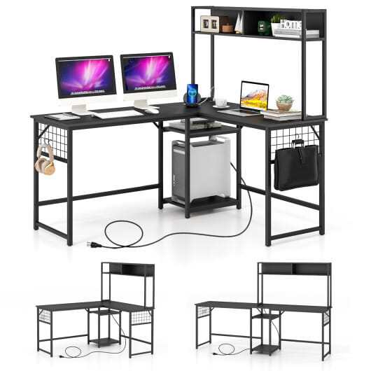 L-shaped Desk with Power Outlet Hutch-Black - Color: Black