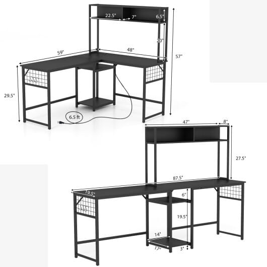 L-shaped Desk with Power Outlet Hutch-Black - Color: Black