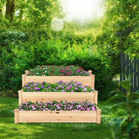 Costway 3 Tier Elevated Wooden Vegetable Garden Bed - Color: Natural
