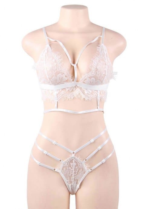 White Floral Embroidery Sheer Mesh Lingerie Set
