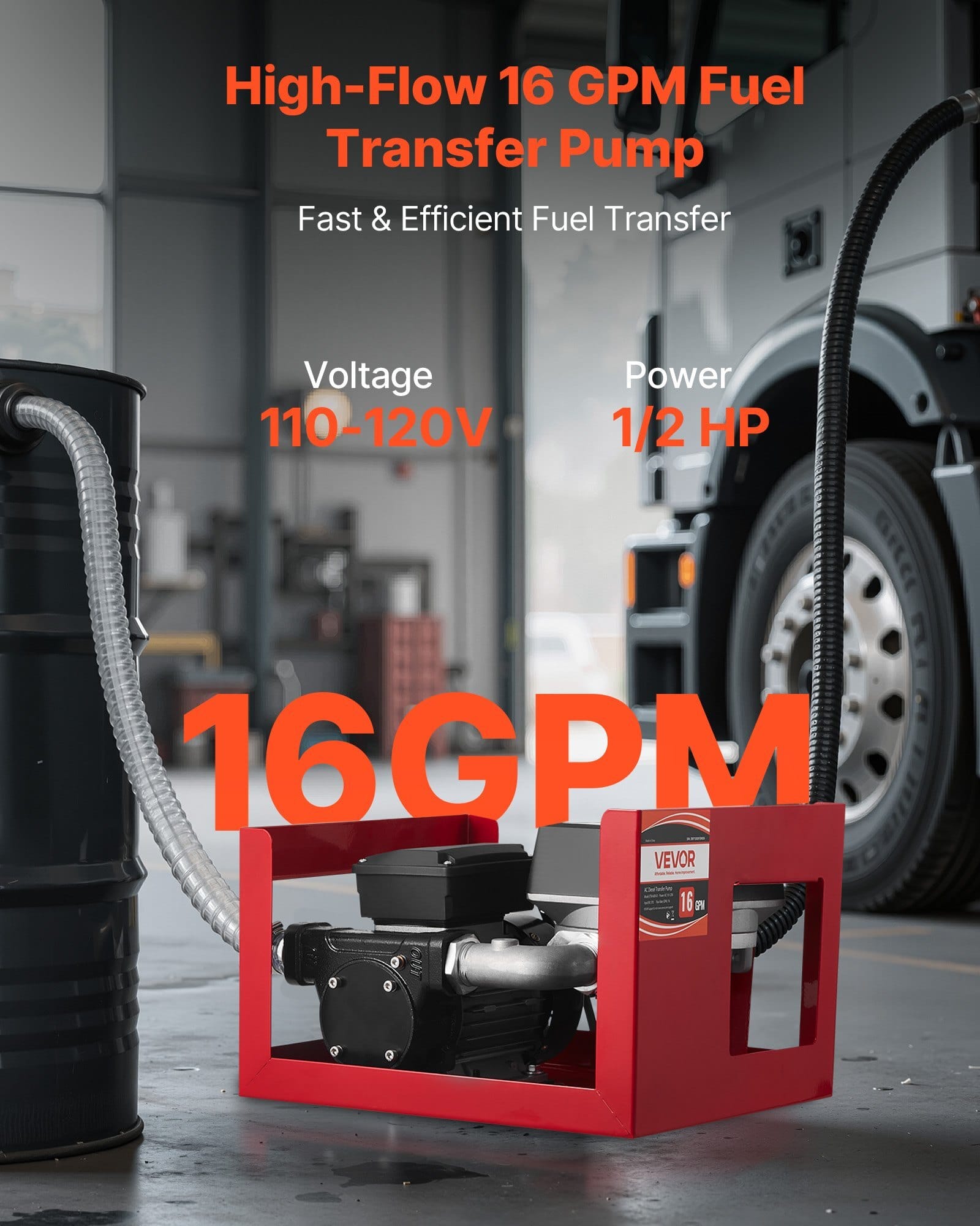Fuel Transfer Pump 110V, 16 GPM 60 L/min, AC Electric Oil Transfer Pump for Diesel Kerosene Biodiesel, with Meter, Auto Fuel Nozzle & 2 Hoses, 45 ft/13.7 m Lift, for Vehicles, Construction Sites