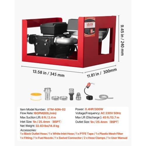 Fuel Transfer Pump 110V, 16 GPM 60 L/min, AC Electric Oil Transfer Pump for Diesel Kerosene Biodiesel, with Meter, Auto Fuel Nozzle & 2 Hoses, 45 ft/13.7 m Lift, for Vehicles, Construction Sites