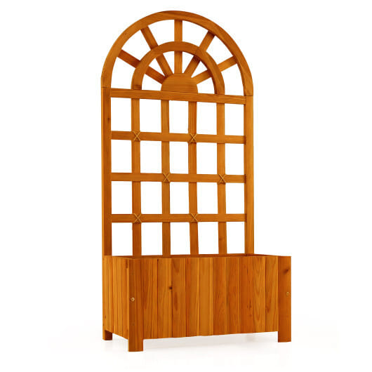 Costway 48" Wooden Raised Garden Bed with Trellis  Drainage Holes for Flowers Vegetables Brown - Color: Brown