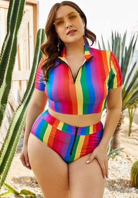 Plus Tonal Stripe High Waist Bikini Set