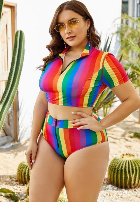 Plus Tonal Stripe High Waist Bikini Set