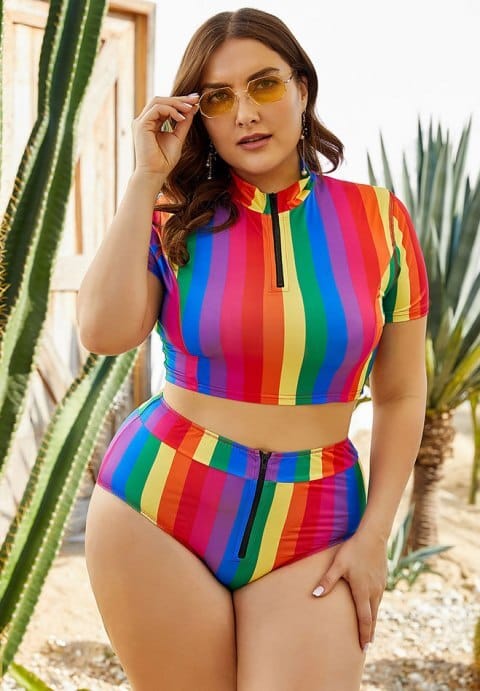 Plus Tonal Stripe High Waist Bikini Set