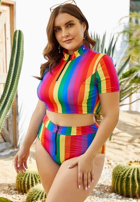 Plus Tonal Stripe High Waist Bikini Set