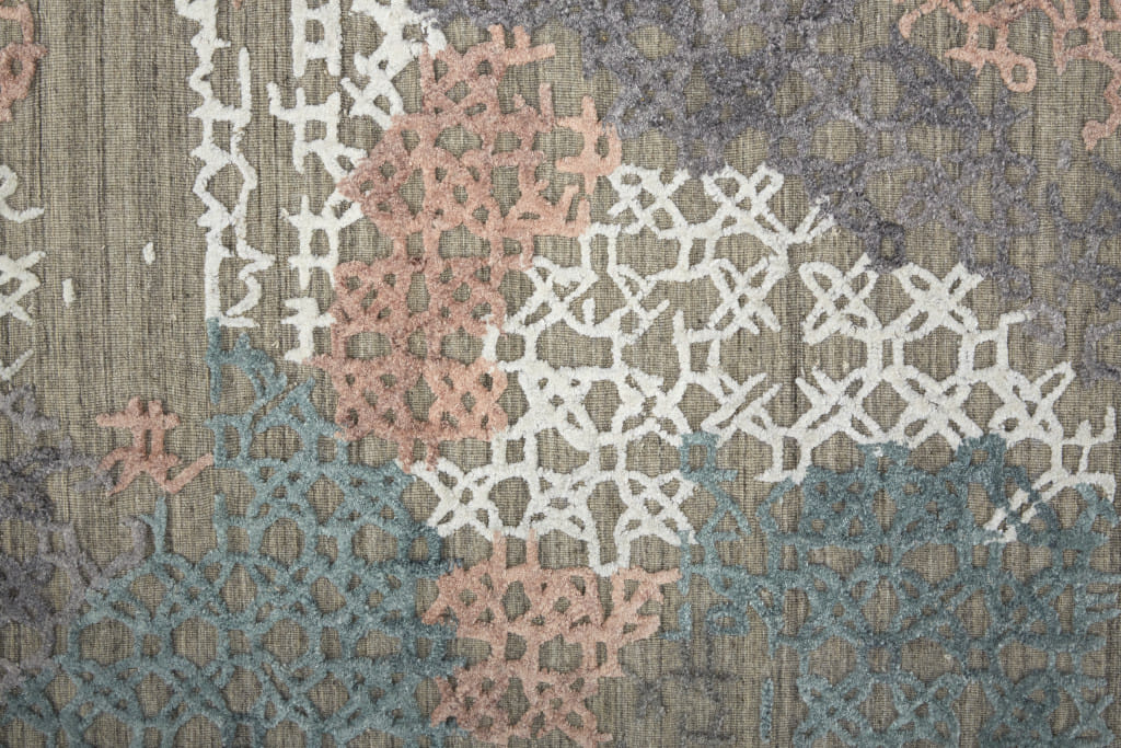 10' Pink Blue And Taupe Abstract Hand Woven Runner Rug