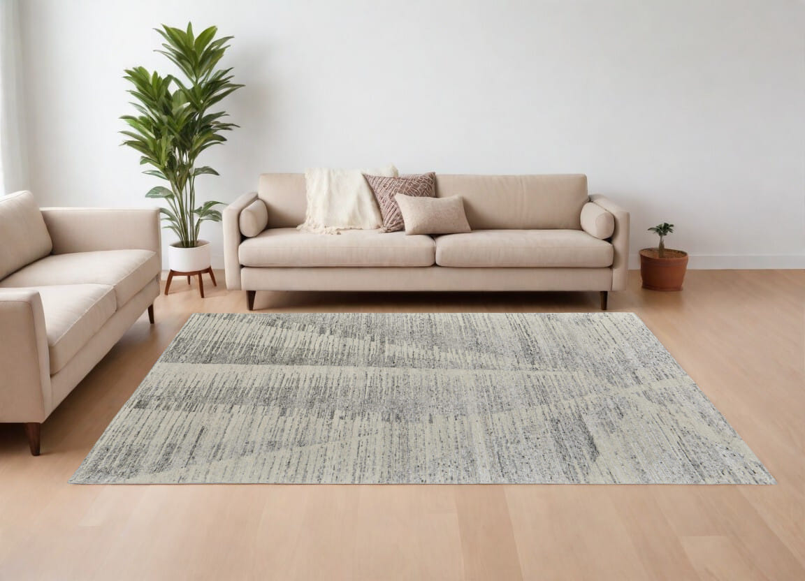9' X 13' Ivory and Gray Abstract Hand Knotted Worn Faded Area Rug