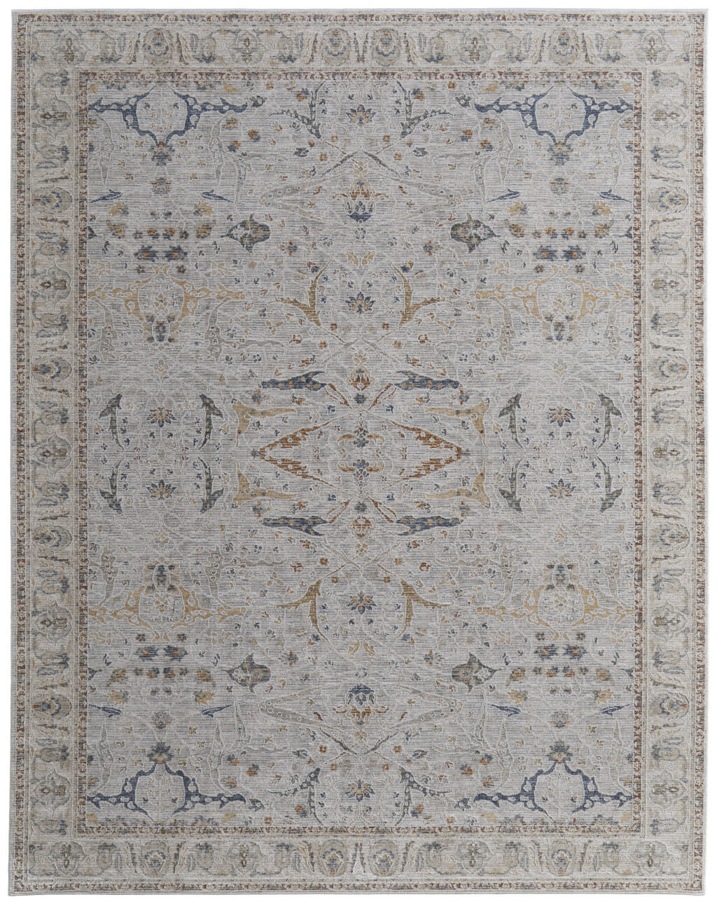 5' X 8' Gray Blue and Red Ikat Power Loom Worn Faded Area Rug With Fringe