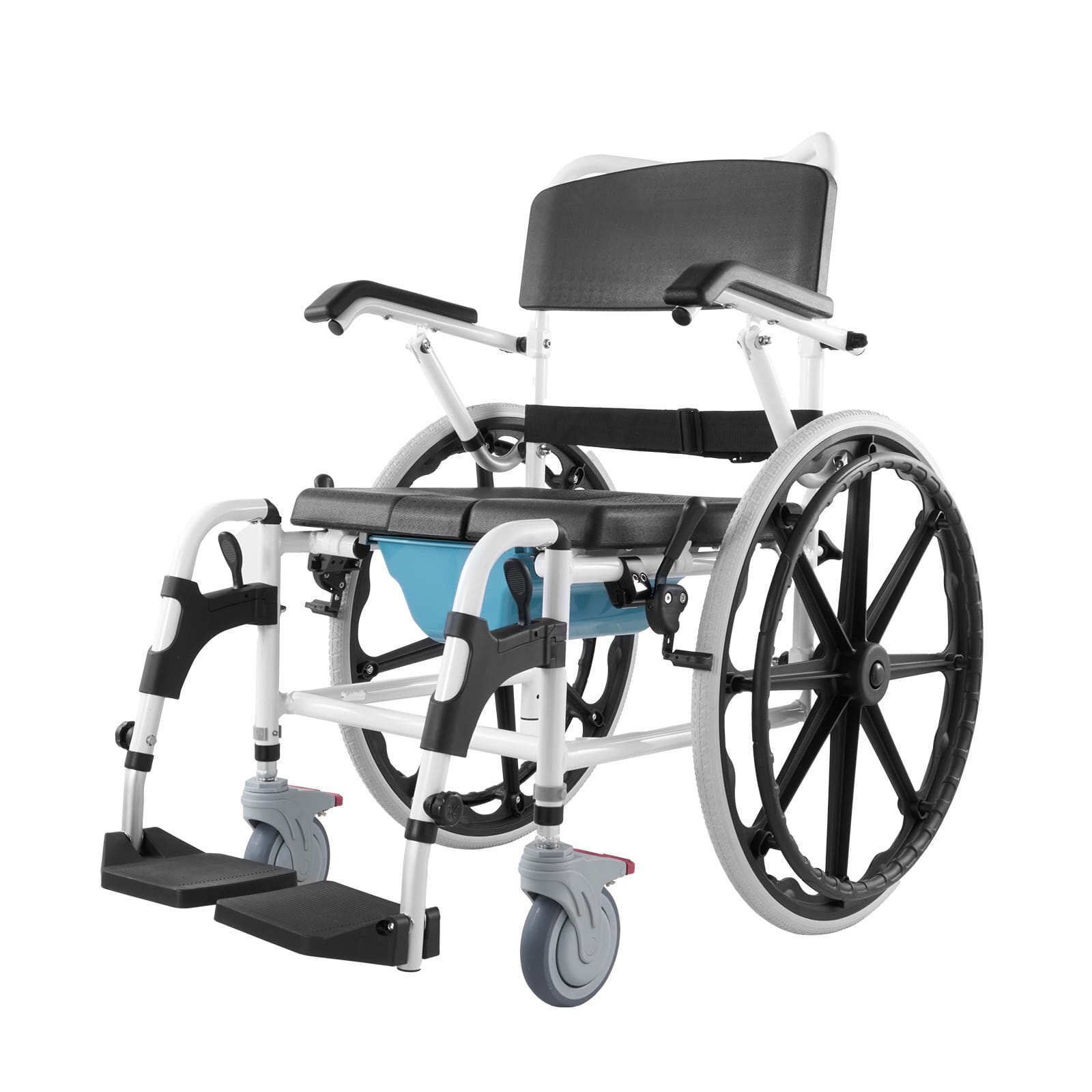 Shower Wheelchair, 17.5in Width Aluminum Alloy Bathroom Wheelchair for Inside Shower, Adjustable Rolling Shower Chair w/ Brake for Disabled Adult, 300 lbs Capacity Shower Commode Transport Chair