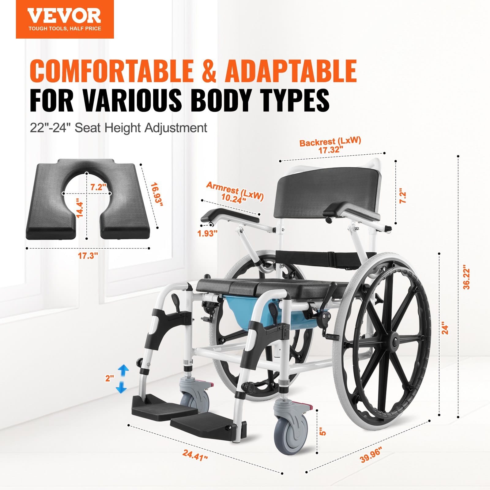 Shower Wheelchair, 17.5in Width Aluminum Alloy Bathroom Wheelchair for Inside Shower, Adjustable Rolling Shower Chair w/ Brake for Disabled Adult, 300 lbs Capacity Shower Commode Transport Chair