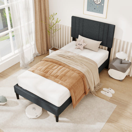 Full/Queen/Twin Size Bed Frame with Vertical Channel Tufted Headboard and Wooden Slats-Twin Size - Color: Gray - Size: Twin Size